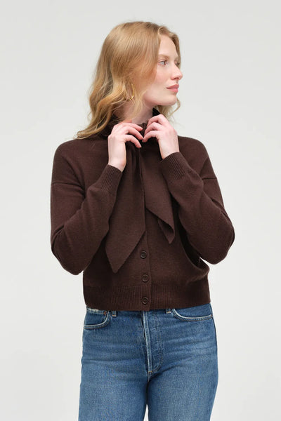 Chocolate Wool-Cashmere Tie Neck Cardigan