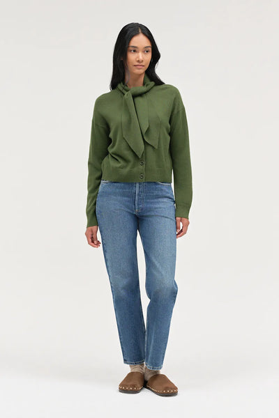 Green Wool-Cashmere Tie Neck Cardigan