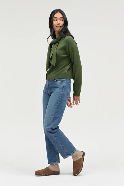 Green Wool-Cashmere Tie Neck Cardigan