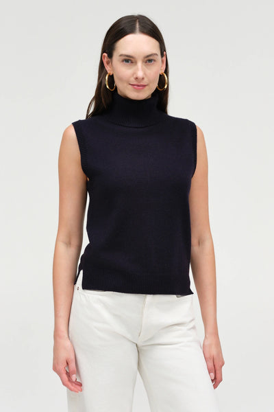 Navy Wool-Cashmere High-Neck Tank