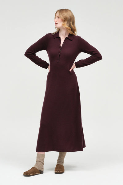 Aubergine Wool-Cashmere A-Line Polo Dress