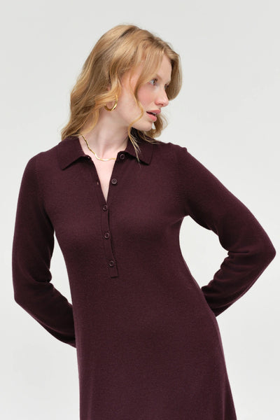 Aubergine Wool-Cashmere A-Line Polo Dress