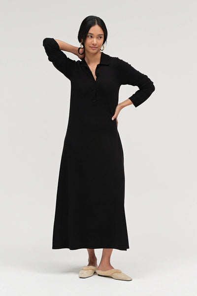 Black Wool-Cashmere A-Line Polo Dress