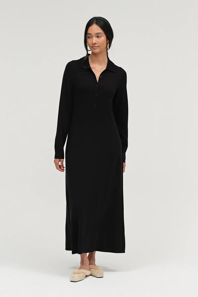 Black Wool-Cashmere A-Line Polo Dress