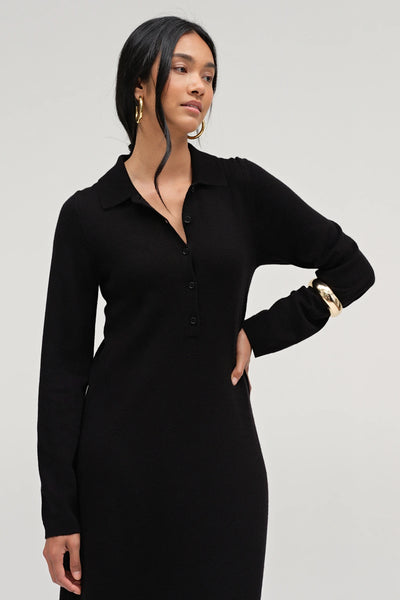Black Wool-Cashmere A-Line Polo Dress