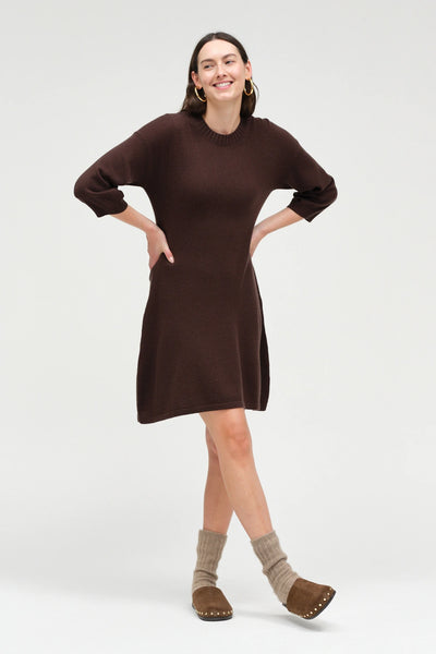 Chocolate Wool-Cashmere Wide-Sleeve Dress