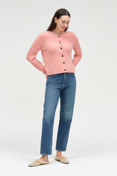 Salmon Pure Cashmere Cabled Crew Neck Cardigan