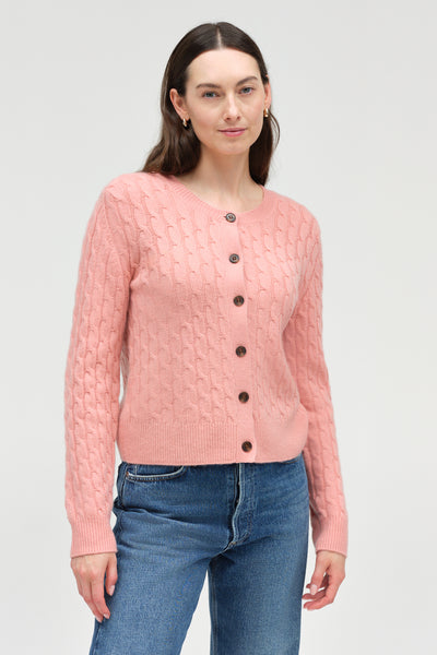 Salmon Pure Cashmere Cabled Crew Neck Cardigan