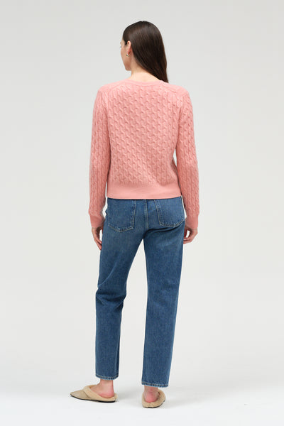Salmon Pure Cashmere Cabled Crew Neck Cardigan