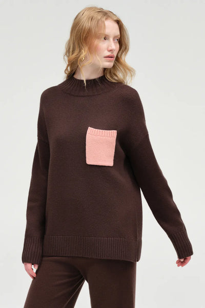 Chocolate Wool-Cashmere Pop Pocket Sweater