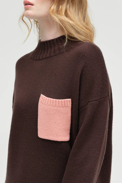 Chocolate Wool-Cashmere Pop Pocket Sweater