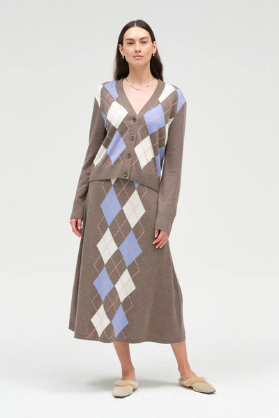 Mushroom Wool-Cashmere Argyle Cardigan