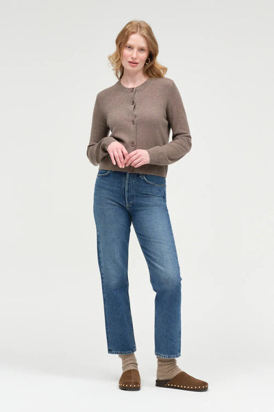 Mushroom Wool-Cashmere Crew Neck Cardigan