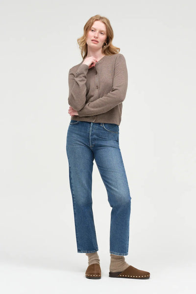 Mushroom Wool-Cashmere Crew Neck Cardigan