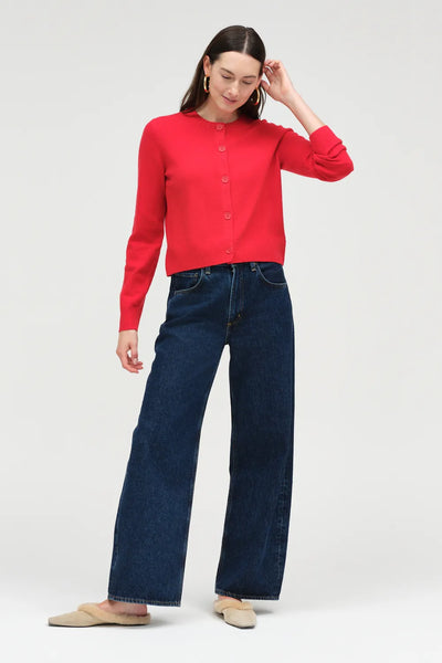Velvet-Red Wool-Cashmere Crew Neck Cardigan