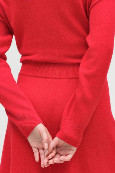 Velvet-Red Wool-Cashmere Midi Skirt