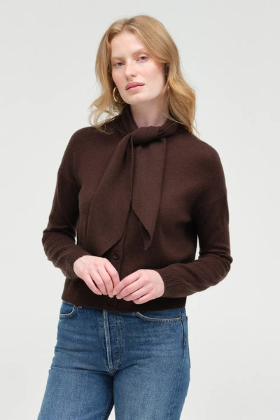 Chocolate Wool-Cashmere Tie Neck Cardigan