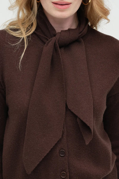 Chocolate Wool-Cashmere Tie Neck Cardigan
