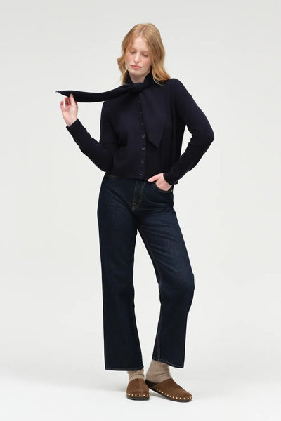 Navy Wool-Cashmere Tie Neck Cardigan