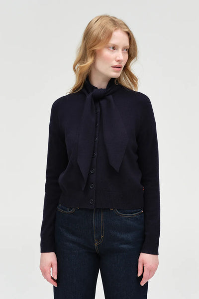 Navy Wool-Cashmere Tie Neck Cardigan