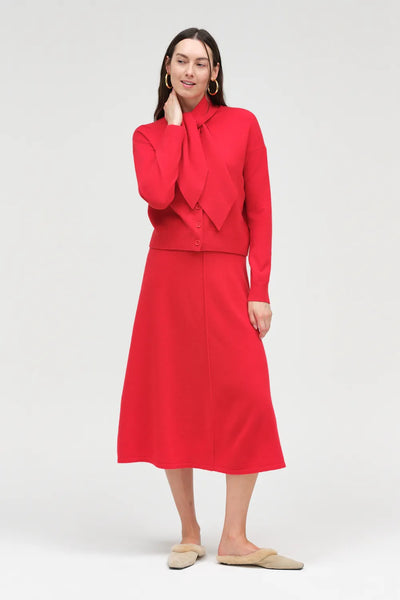 Velvet-Red Wool-Cashmere Tie Neck Cardigan