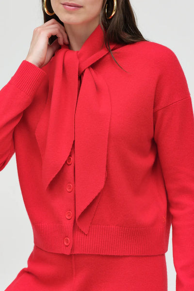 Velvet-Red Wool-Cashmere Tie Neck Cardigan
