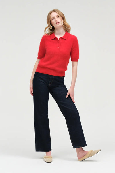Velvet-Red Brushed Cashmere Polo Tee