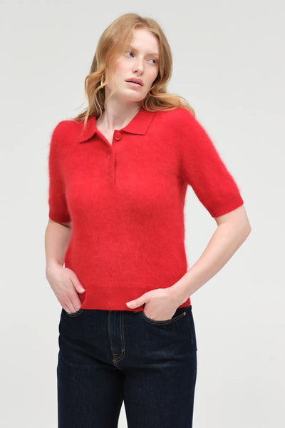 Velvet-Red Brushed Cashmere Polo Tee