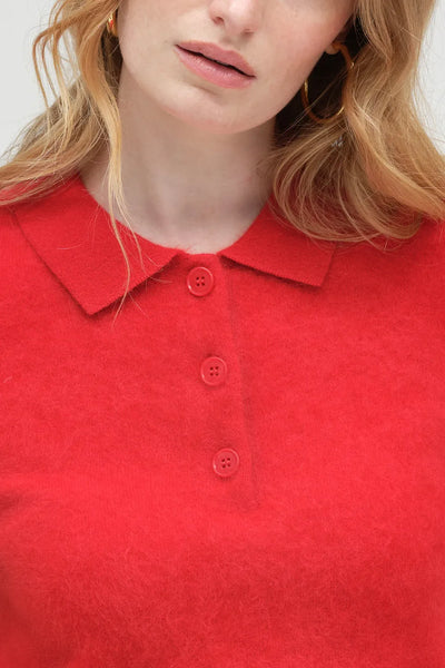 Velvet-Red Brushed Cashmere Polo Tee