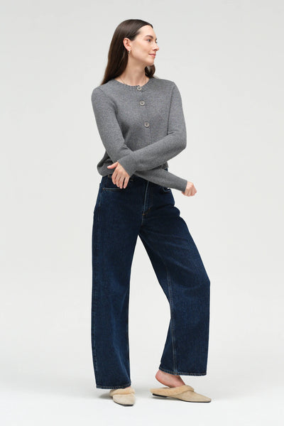 Grey Wool-Cashmere Crew Neck Cardigan