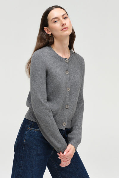 Grey Wool-Cashmere Crew Neck Cardigan