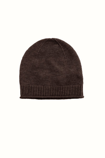 Brown knit beanie on a white background