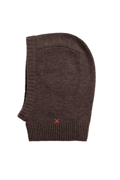 Brown knit balaclava with a small logo on a white background