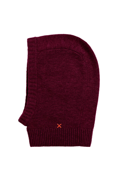 Maroon knitted balaclava with a small logo on a white background