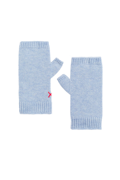 Pair of light blue fingerless gloves with a small red logo on a white background