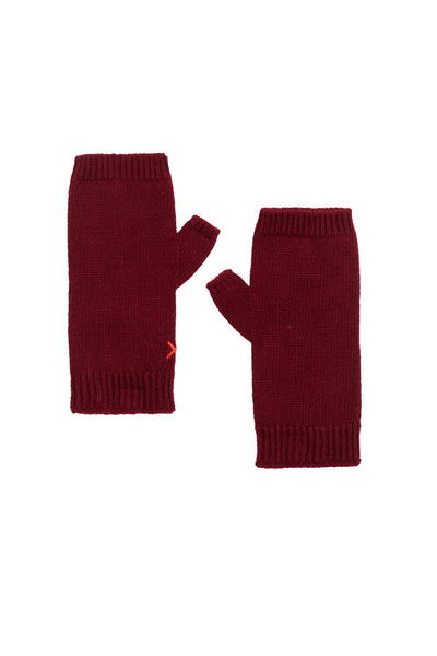 Pair of red fingerless gloves on a white background