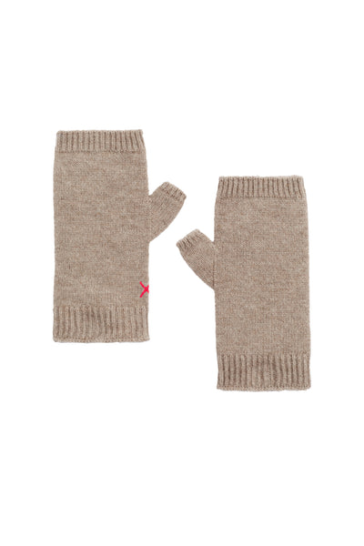 Pair of beige fingerless gloves with a small red logo on a white background