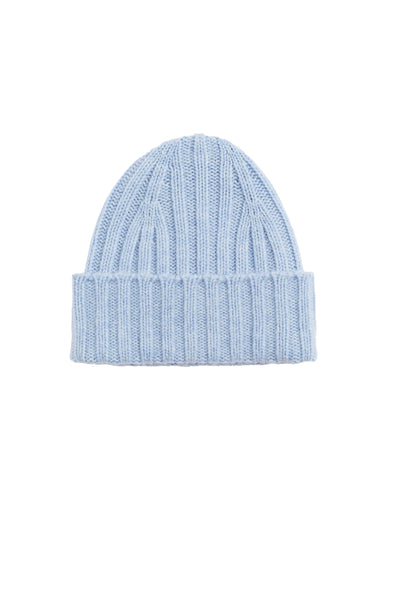 Light blue knit beanie on a white background