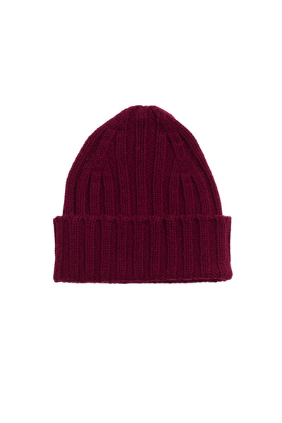 Maroon knit beanie on a white background