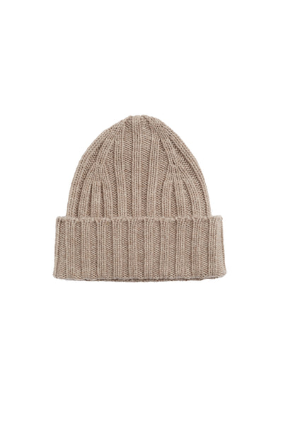 Beige knit beanie on a white background