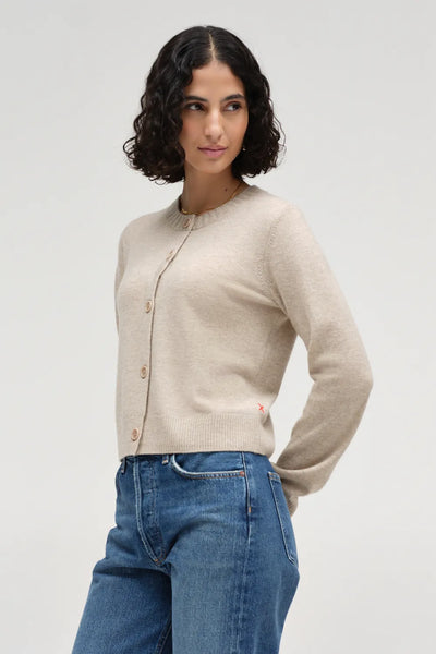 Warm-Oatmeal Wool-Cashmere Crew Neck Cardigan
