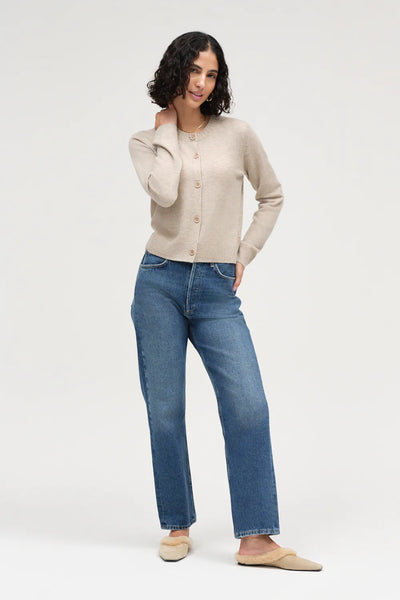 Warm-Oatmeal Wool-Cashmere Crew Neck Cardigan