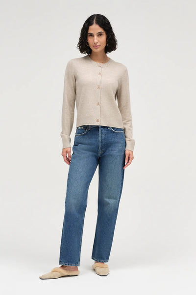Warm-Oatmeal Wool-Cashmere Crew Neck Cardigan