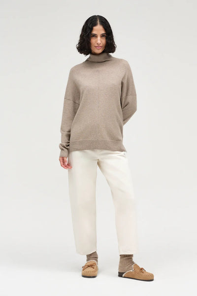 Warm-Oatmeal Wool-Cashmere Relaxed Rollneck Sweater