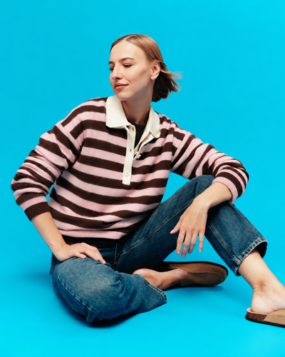 Pink-Chocolate Brushed Merino Stripe Polo Top