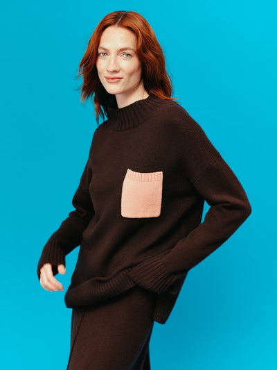 Chocolate Wool-Cashmere Pop Pocket Sweater