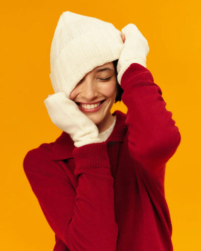 Cream Wool-Cashmere Ribbed Beanie