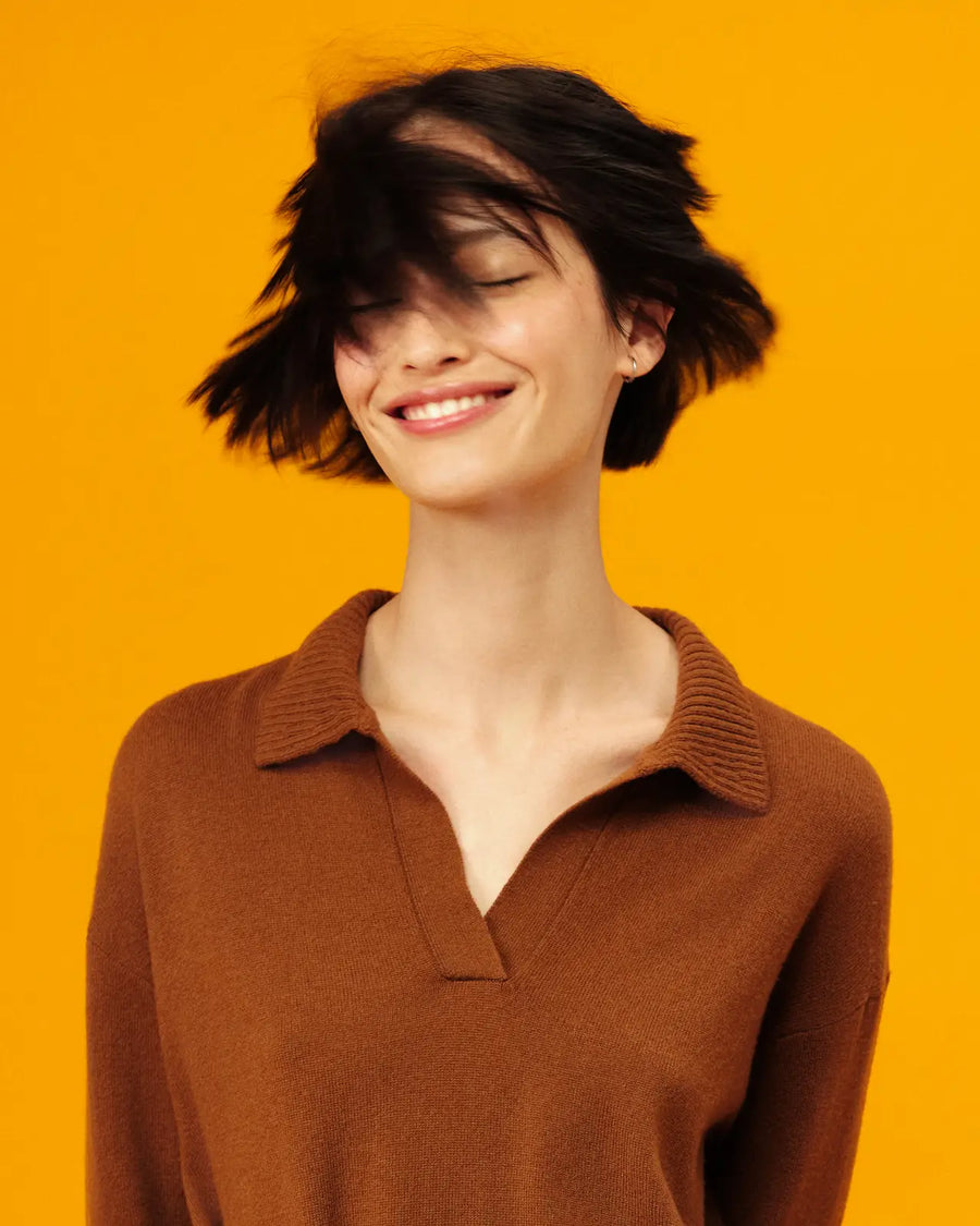 Toffee Wool-Cashmere Collared Sweater