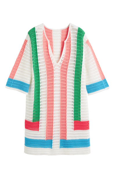 Colorful striped crochet top on a white background