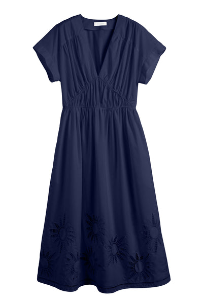 Navy Cotton-Lyocell Broderie Dress